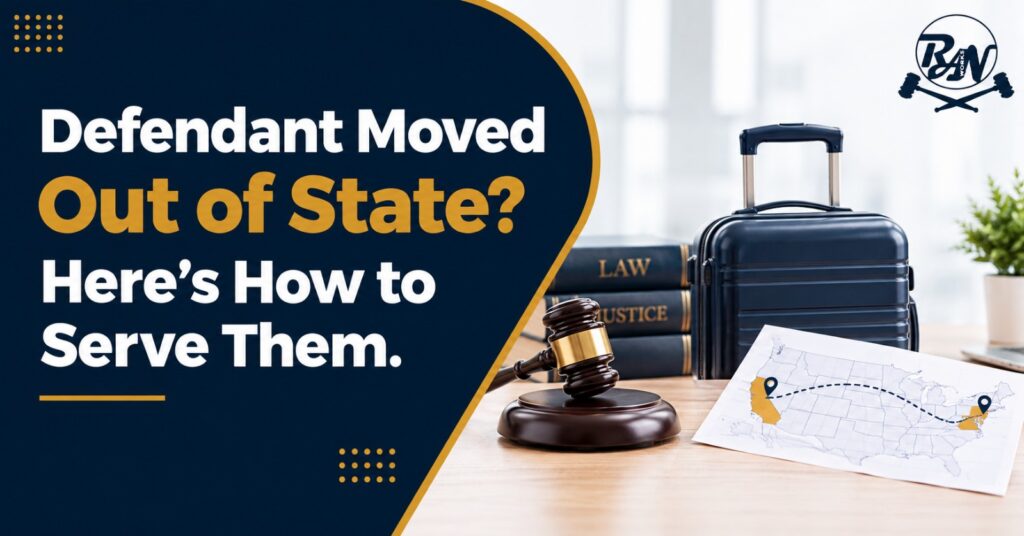 Legal blog graphic on serving a defendant who moved out of state, featuring a gavel, suitcase, and cross-country map