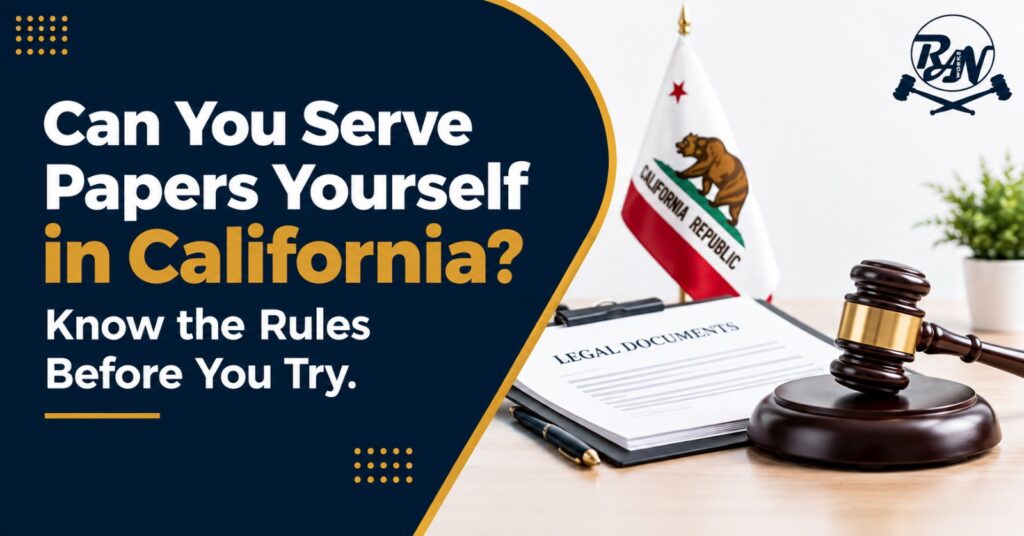 Legal blog graphic on serving papers yourself in California, featuring a state flag, legal documents, and a gavel