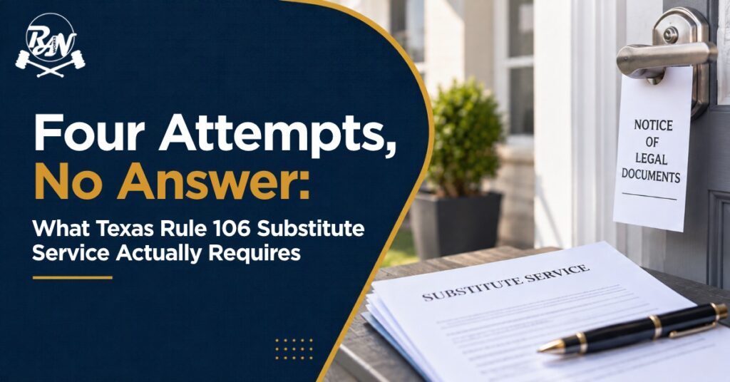 Blog featured image contained title of the blog - Texas Rule 106 Substitute Service: A Step-by-Step Guide for Attorneys beside the logo of Ranworks and a image of legal documents.