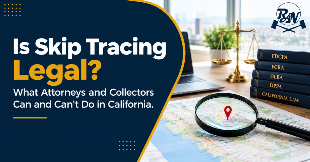 Skip tracing in California concept with a map, magnifying glass, location pin, scales of justice, and legal reference books.